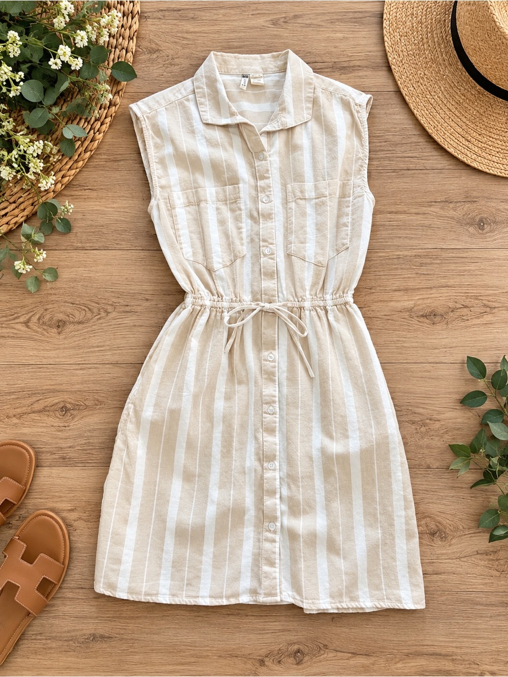 Japna Beige and White Striped Sleeveless Midi Shirt Dress